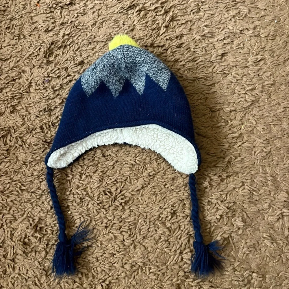 Lands' End Blue Gray Kids Pom-Pom Hat Ski Medium Large Braid Tassel